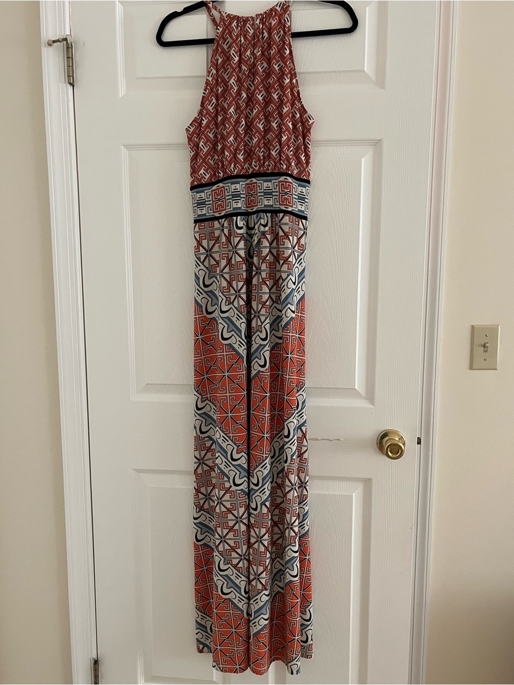 London Times Geometric Halter Dress in Orange, Black and Cream